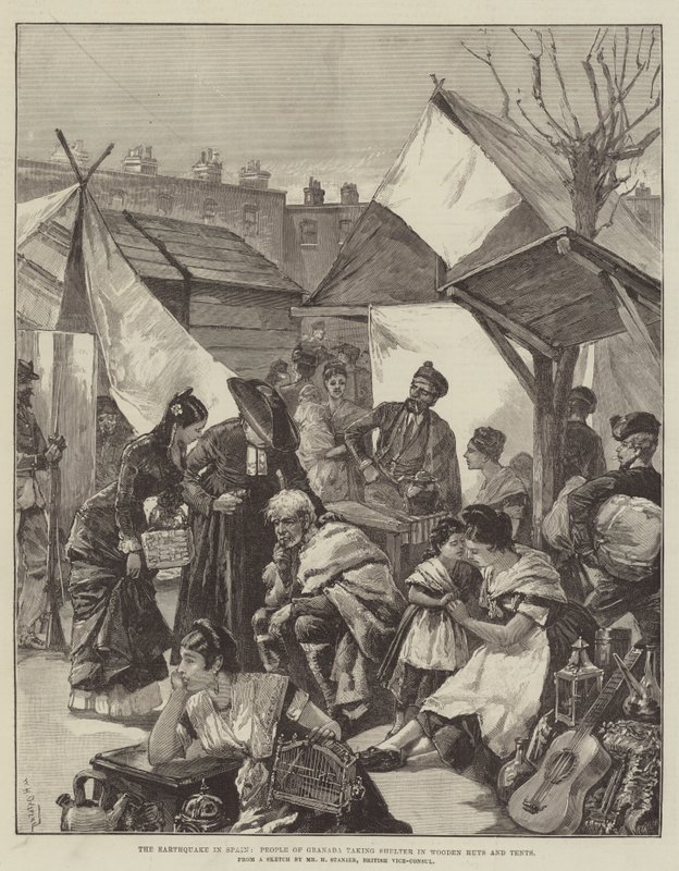 The Earthquake in Spain, People of Granada taking Shelter in Wooden Huts and Tents by William Heysham Overend