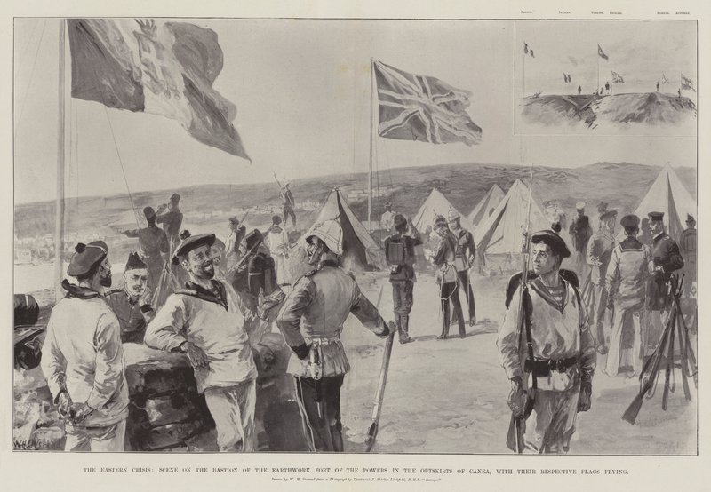 The Eastern Crisis, Scene on the Bastion of the Earthwork Fort of the Powers in the Outskirts of Canea, with their Respective Flags flying by William Heysham Overend