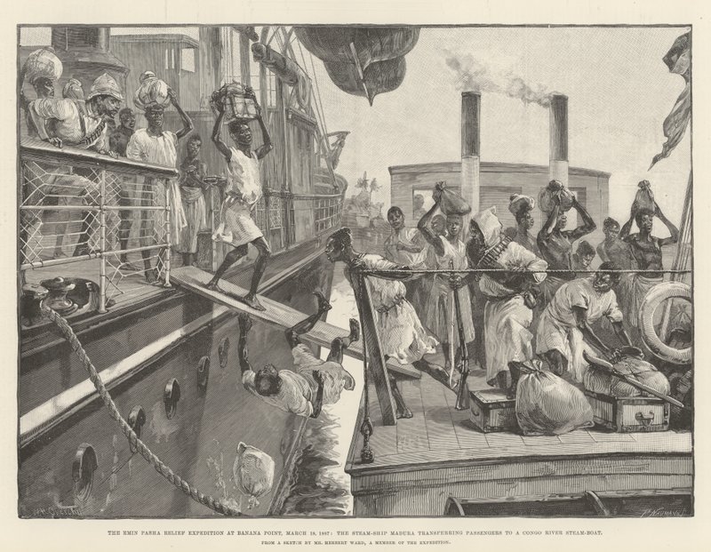 The Emin Pasha Relief Expedition at Banana Point, 18 March 1887, the Steam-Ship Madura transferring Passengers to a Congo River Steam-Boat by William Heysham Overend