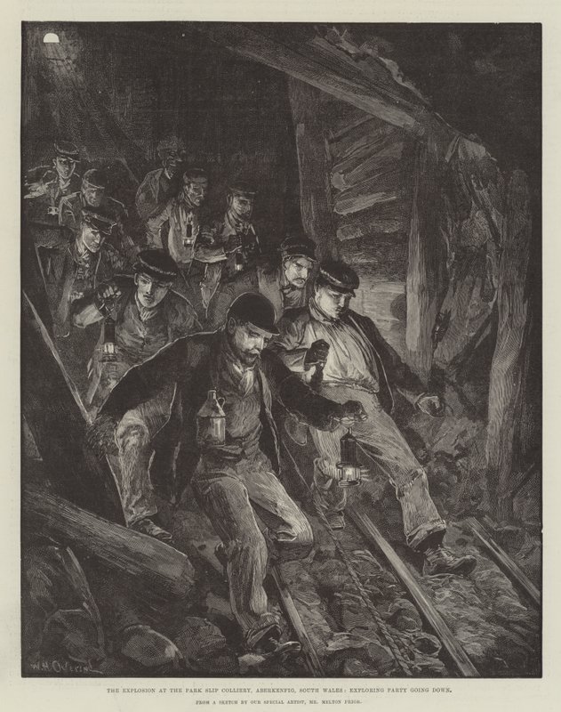 The Explosion at the Park Slip Colliery, Aberkenfig, South Wales, Exploring Party going down by William Heysham Overend