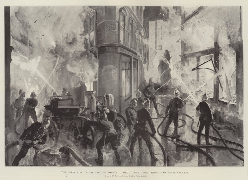 The Great Fire in the City of London, looking down Jewin Street and Jewin Crescent by William Heysham Overend