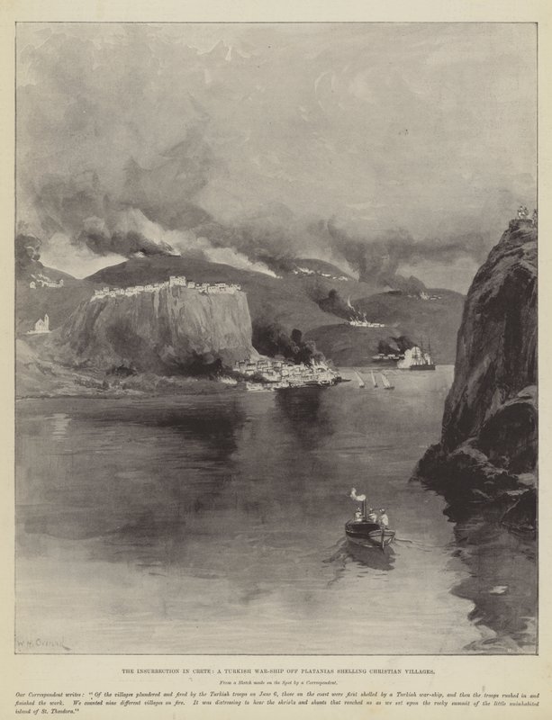 The Insurrection in Crete, a Turkish War-Ship off Platanias shelling Christian Villages by William Heysham Overend