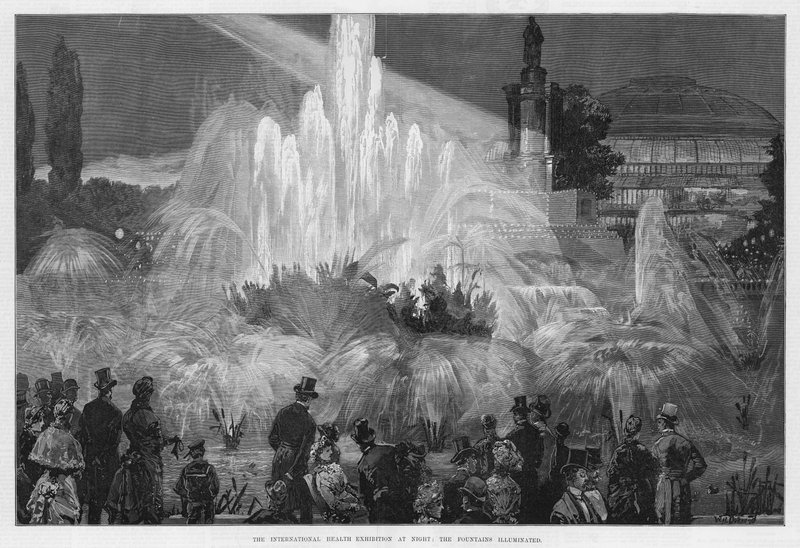 The International Health Exhibition at night: The fountains illuminated by William Heysham Overend