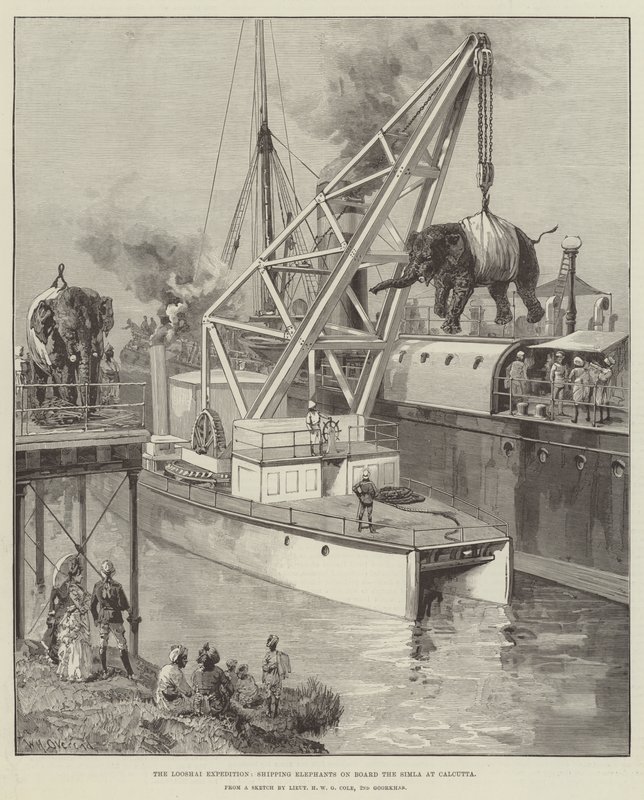The Looshai Expedition, Shipping Elephants on Board the Simla at Calcutta by William Heysham Overend