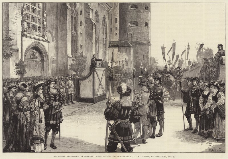 The Luther Celebration in Germany, Scene Outside the Schloss-Kirche, at Wittenberg, on Wednesday, 31 October by William Heysham Overend