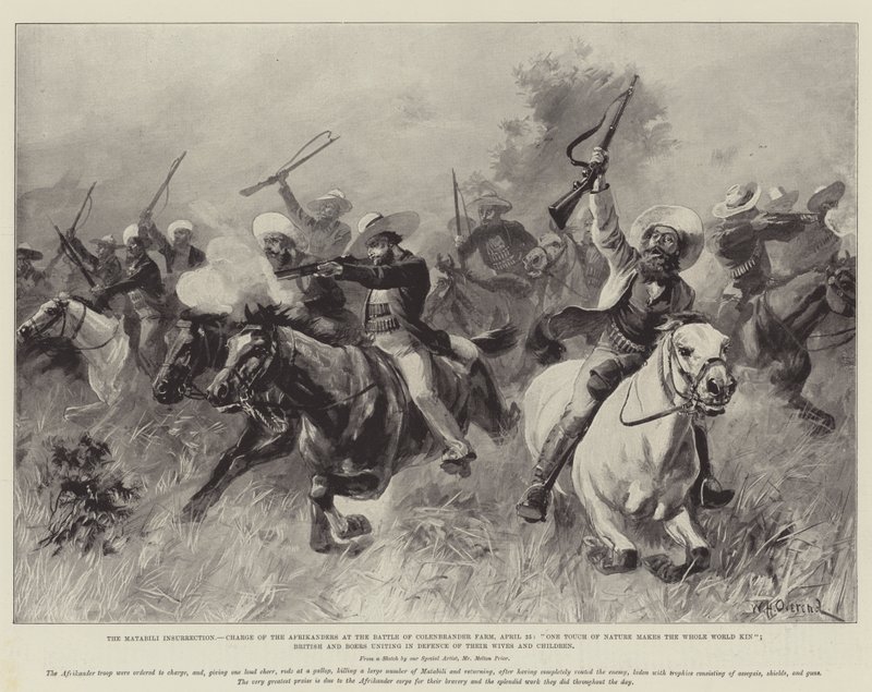 The Matabili Insurrection, Charge of the Afrikanders at the Battle of Colenbrander Farm, 25 April, One Touch of Nature makes the Whole World Kin; British and Boers uniting in Defence of their Wives by William Heysham Overend