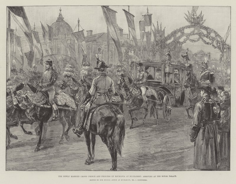 The Newly Married Crown Prince and Princess of Romania at Bucharest, Arriving at the Royal Palace by William Heysham Overend