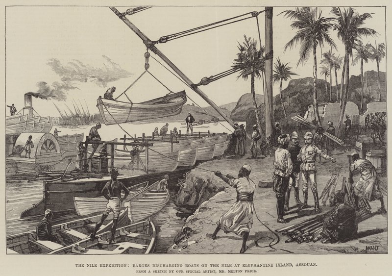 The Nile Expedition, Barges discharging Boats on the Nile at Elephantine Island, Assouan by William Heysham Overend
