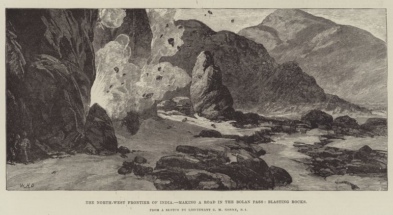 The North-West Frontier of India, making a Road in the Bolan Pass, Blasting Rocks by William Heysham Overend