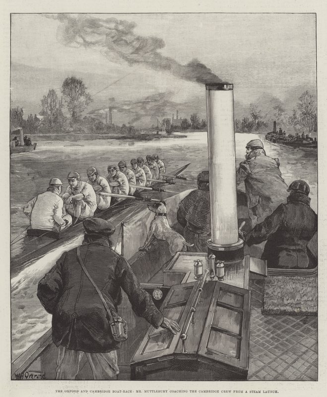 The Oxford and Cambridge Boat-Race, Mr Muttlebury Coaching the Cambridge Crew from a Steam Launch by William Heysham Overend