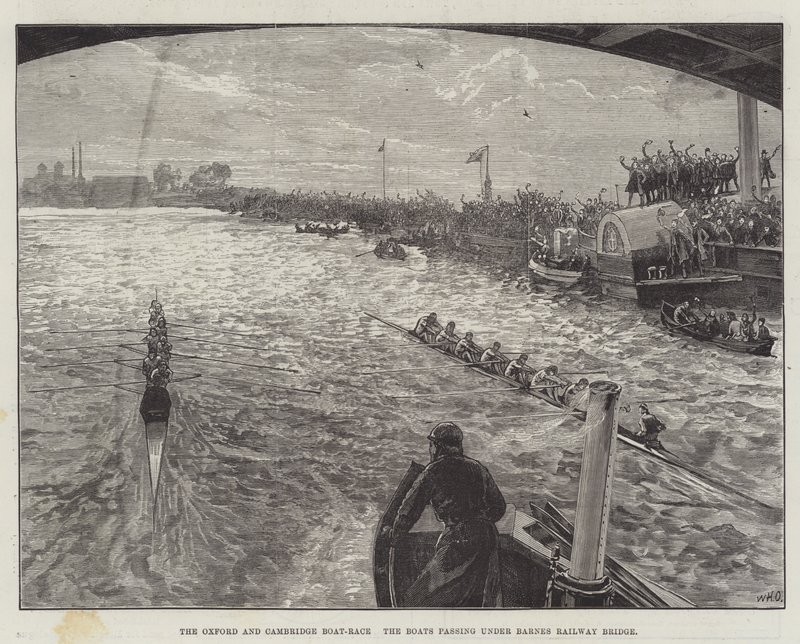 The Oxford and Cambridge Boat-Race, the Boats passing under Barnes Railway Bridge by William Heysham Overend