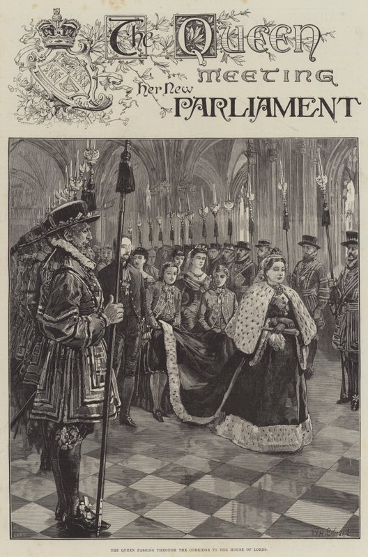 The Queen meeting her New Parliament, passing through the Corridor to the House of Lords by William Heysham Overend