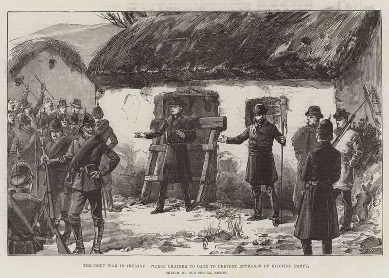 The Rent War in Ireland, Priest chained to Gate to prevent Entrance of Evicting Party by William Heysham Overend