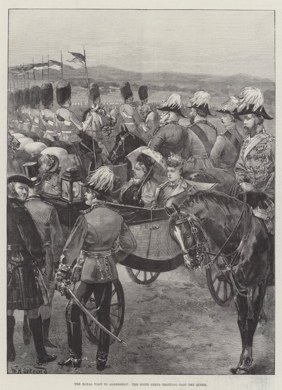 The Royal Visit to Aldershot, the Scots Greys trotting past the Queen by William Heysham Overend