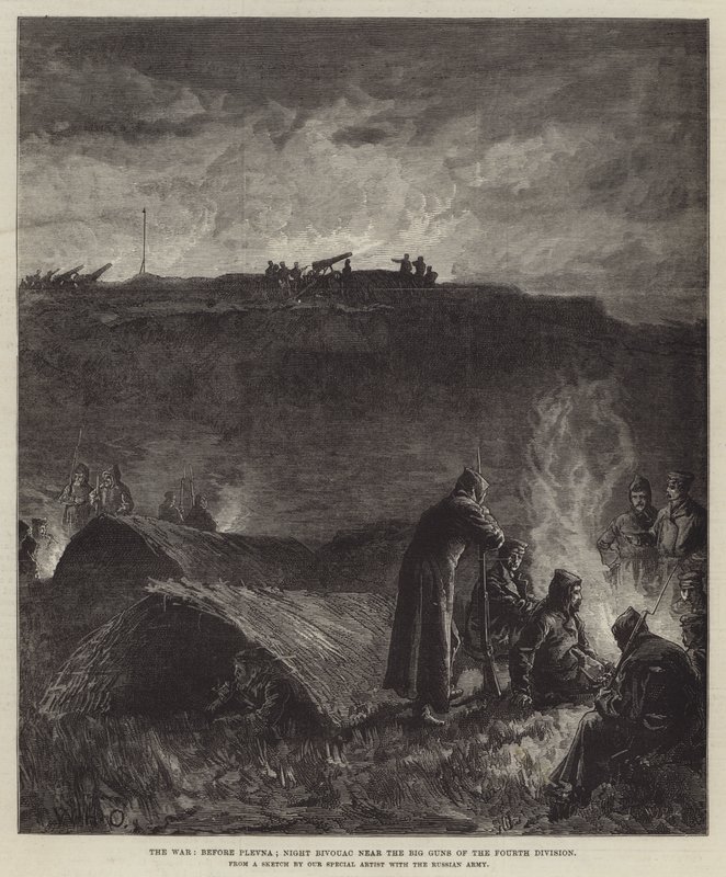 The War, Before Plevna; Night Bivouac Near the Big Guns of the Fourth Division by William Heysham Overend