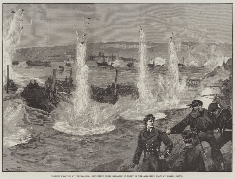 Torpedo Practice at Portsmouth, Gun-Cotton Mines Exploded in Front of the Attacking Boats at Whale Island by William Heysham Overend