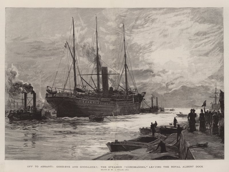 Off to Ashanti, Good-Bye and Good-Luck!, the Steamer Coromandel Leaving the Royal Albert Dock by William Lionel Wyllie