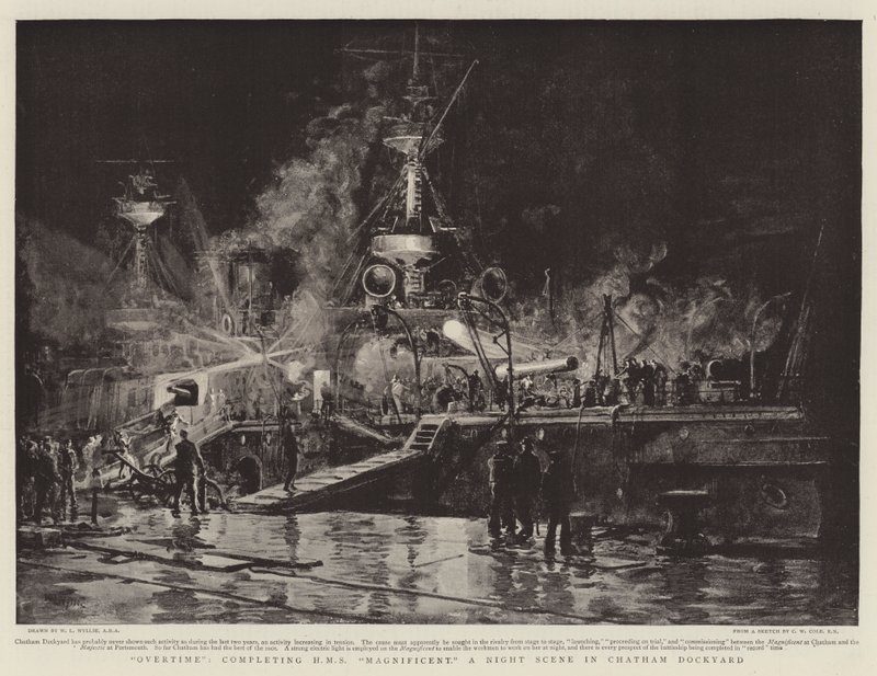 Overtime, completing HMS Magnificent, a Night Scene in Chatham Dockyard by William Lionel Wyllie