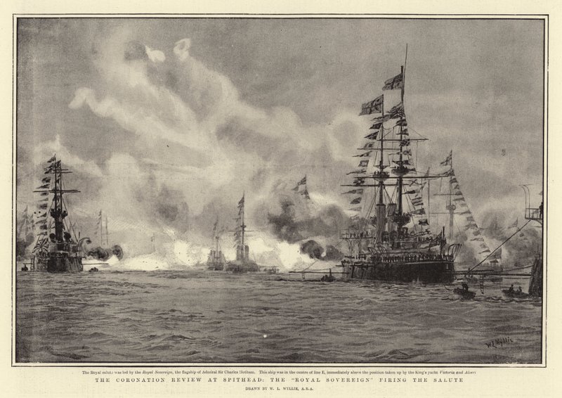 The Coronation Review at Spithead, the Royal Sovereign Firing the Salute by William Lionel Wyllie