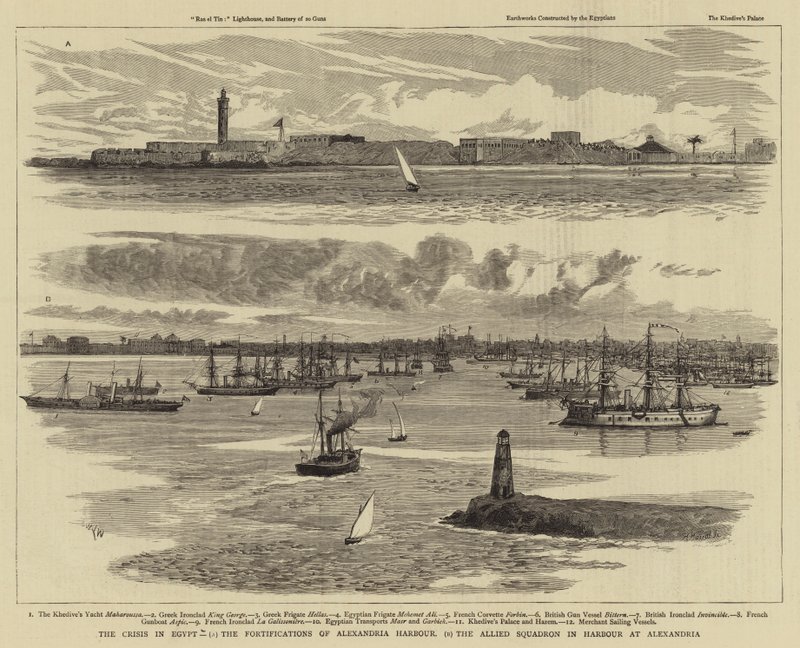 The Crisis in Egypt, the Fortifications of Alexandria Harbour, the Allied Squadron in Harbour at Alexandria by William Lionel Wyllie