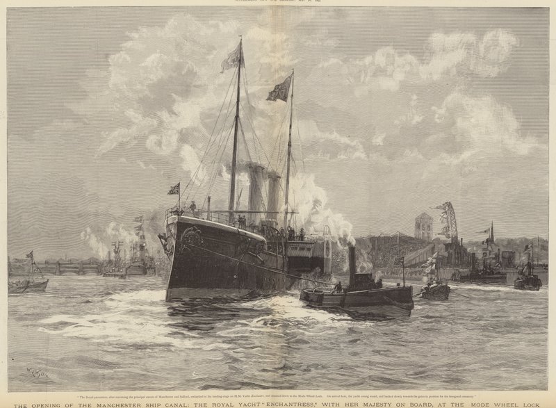 The opening of The Manchester Ship Canal, the Royal Yacht Enchantress with Her Majesty on Board, at the Mode Wheel Lock by William Lionel Wyllie