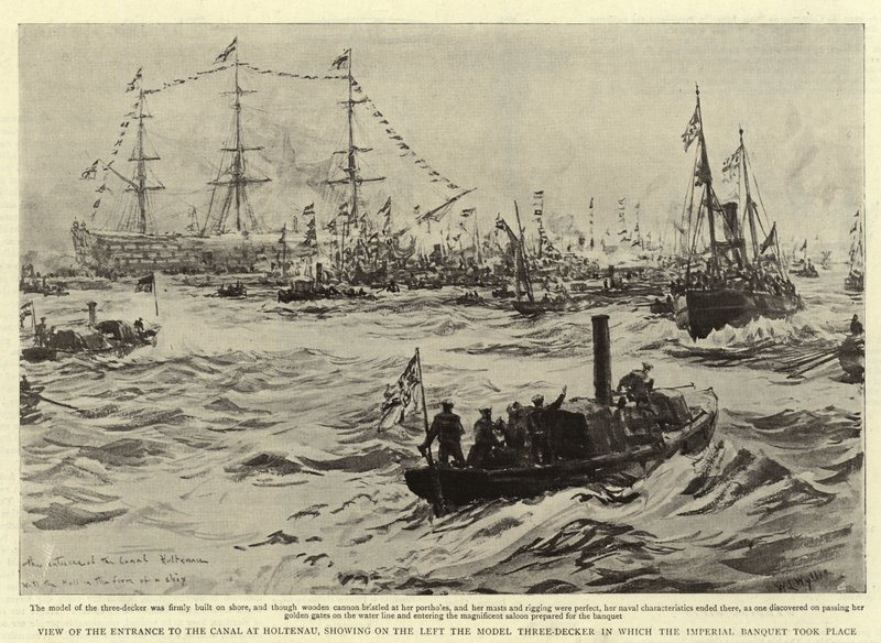 View of the Entrance to the Canal at Holtenau, showing on the left the Model Three-Decker in which the Imperial Banquet took place by William Lionel Wyllie