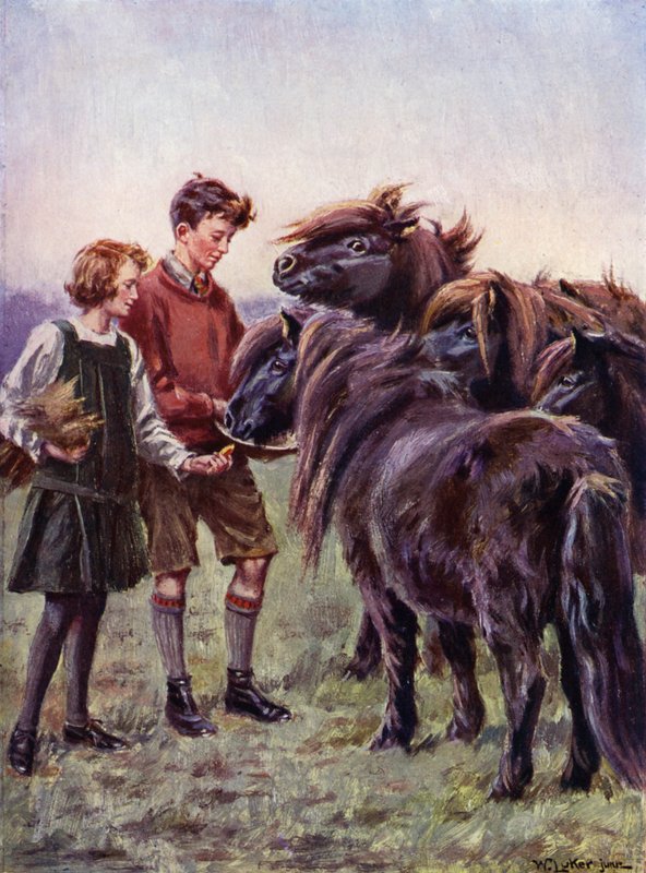Boy and girl feeding Shetland ponies by William Luker
