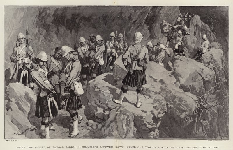 After the Battle of Dargai, Gordon Highlanders carrying down Killed and Wounded Gurkhas from the Scene of Action by William Small