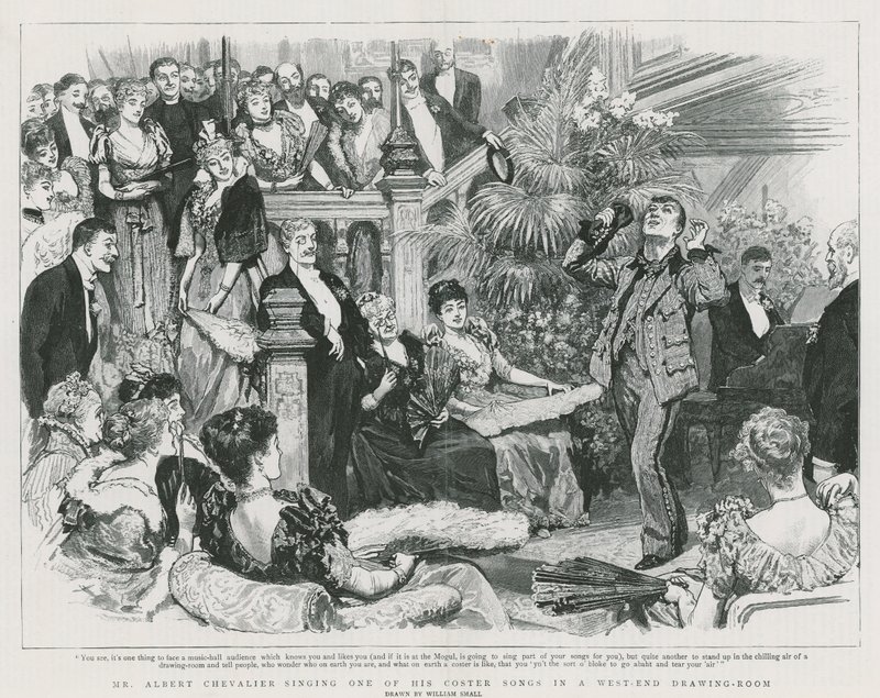 Mr Albert Chevalier singing one of his coster songs in a West End drawing room by William Small