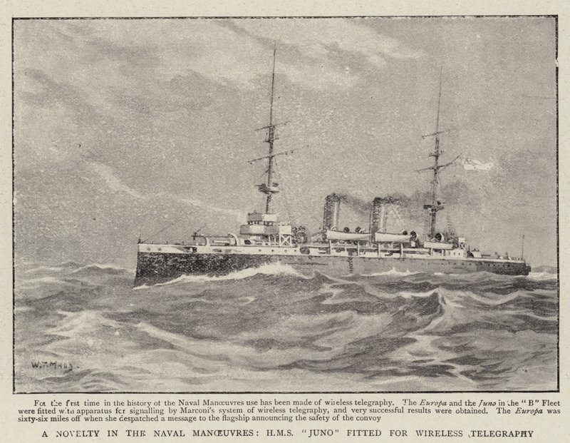 A Novelty in the Naval Manoeuvres, H M S Juno fitted for Wireless Telegraphy by William T. Maud