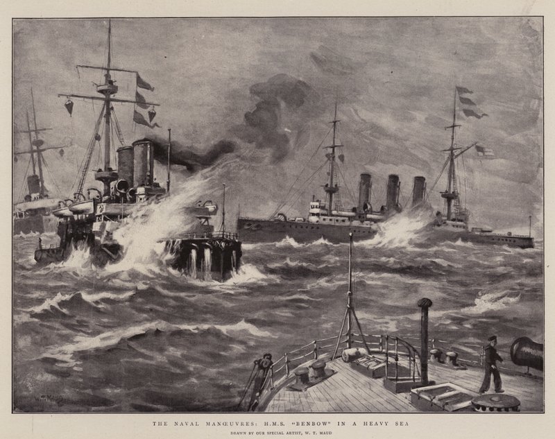 The Naval Manoeuvres, H M S Benbow in a Heavy Sea by William T. Maud