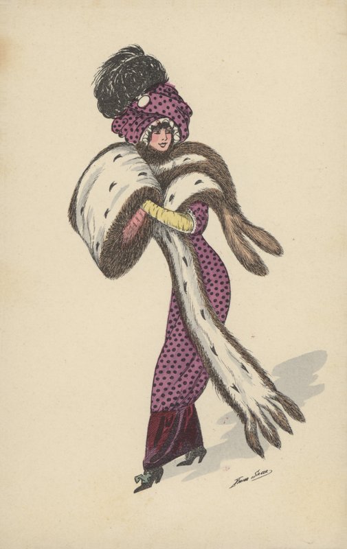 Pretty Girl, in Purple Spotted Dress, with Large Fur Muff and Drape by Xavier Sager