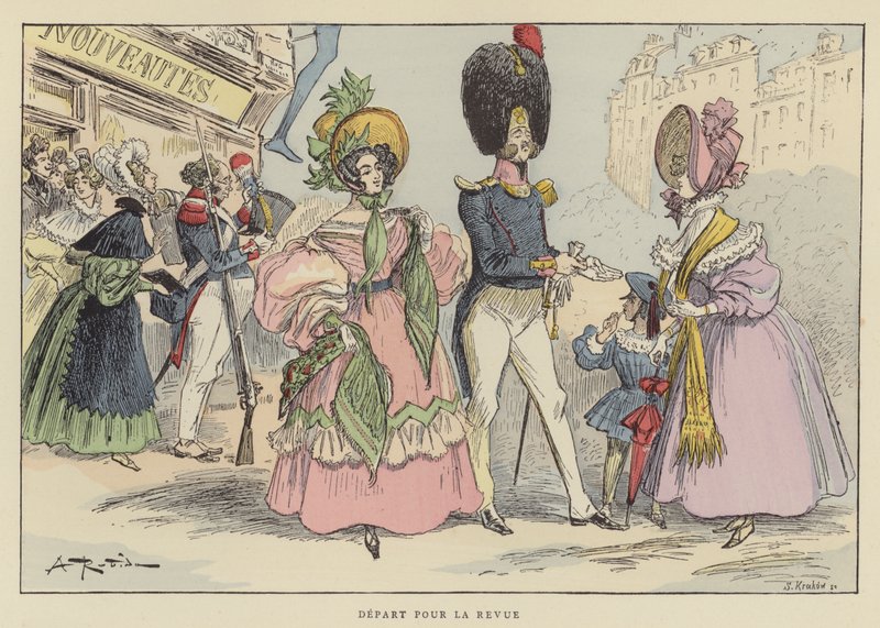 Departure for the Review by after Albert Robida