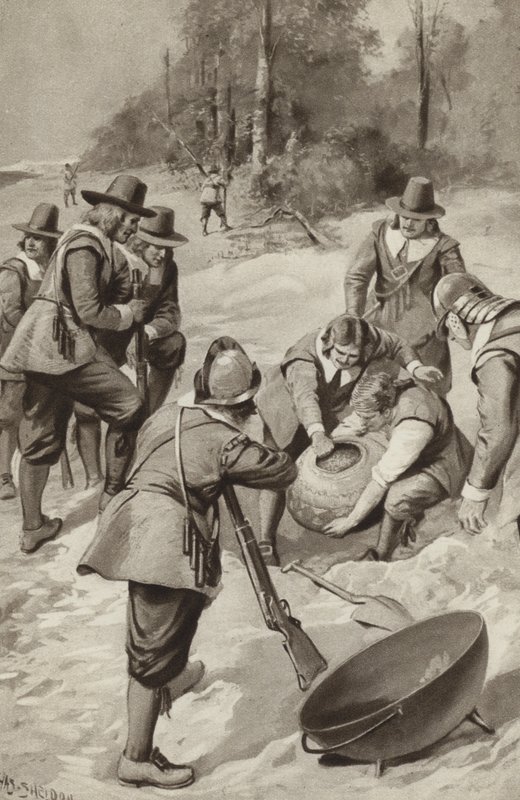 The Pilgrim Fathers strike the sand and find corn by after Charles Mills Sheldon