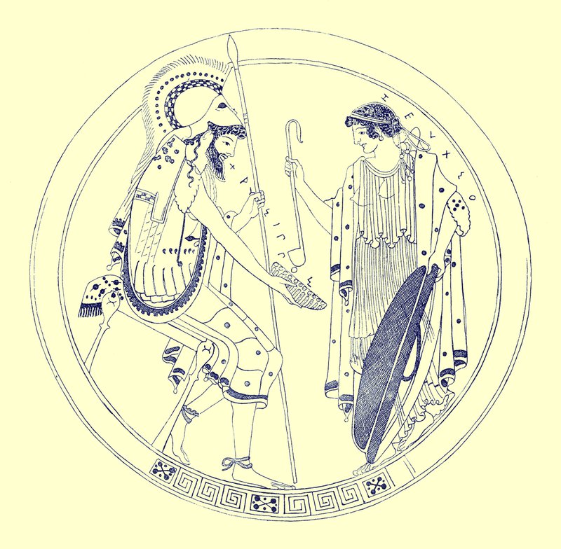 A Seated Warrior Holds His Wine Cup, illustration from Greek Vase Paintings by J. E. Harrison and D. S. MacColl, published 1894 by after English School