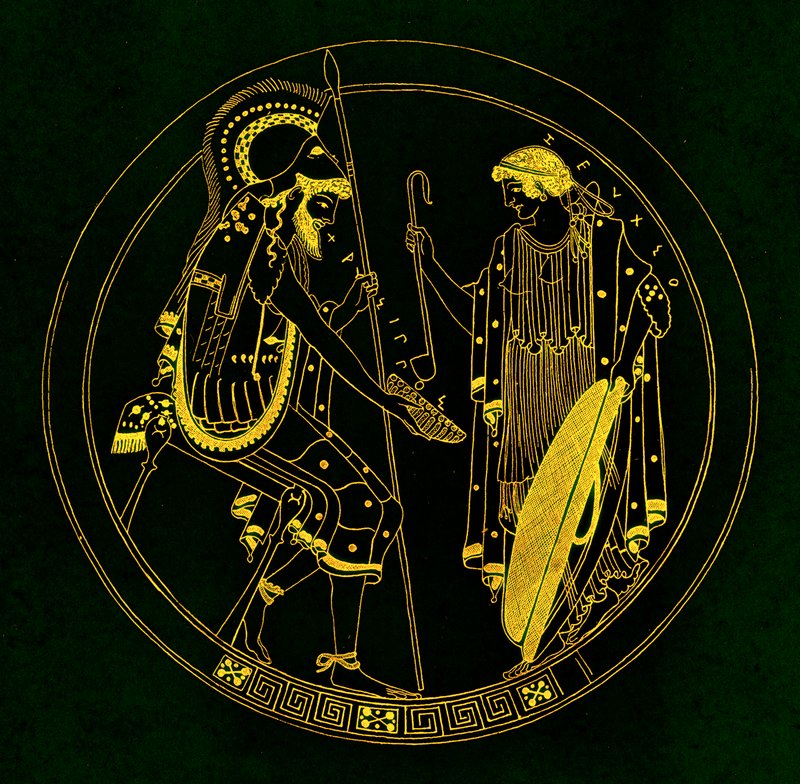 A Seated Warrior Holds His Wine Cup, illustration from Greek Vase Paintings by J. E. Harrison and D. S. MacColl, published 1894 by after English School