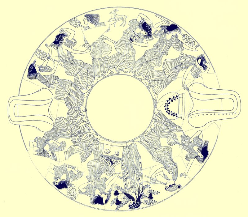 Dance of Maenads to Dionysos, illustration from Greek Vase Paintings by J. E. Harrison and D. S. MacColl, published 1894 by after English School