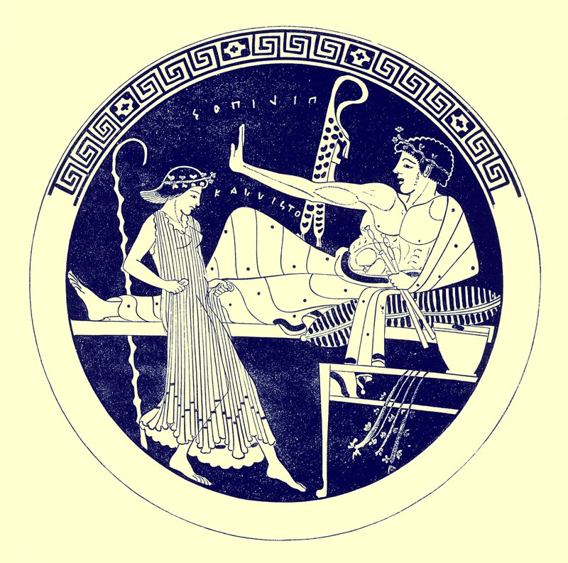 Dancing Girl and Feasting Youth, illustration from Greek Vase Paintings by J. E. Harrison and D. S. MacColl, published 1894 by after English School