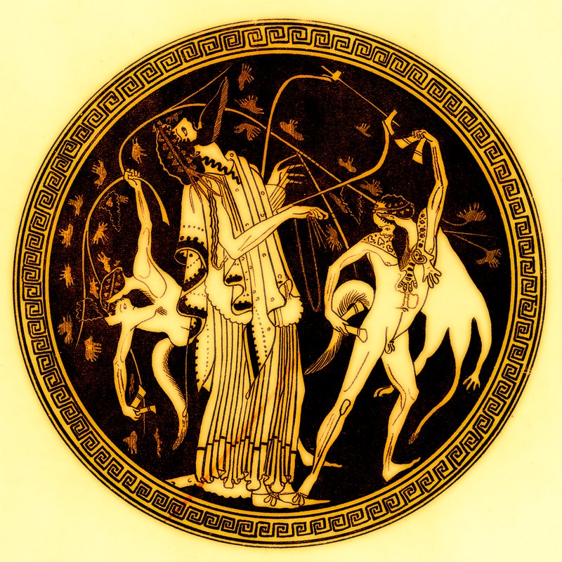 Dionysos and Satyrs, illustration from Greek Vase Paintings by J. E. Harrison and D. S. MacColl, published 1894 by after English School
