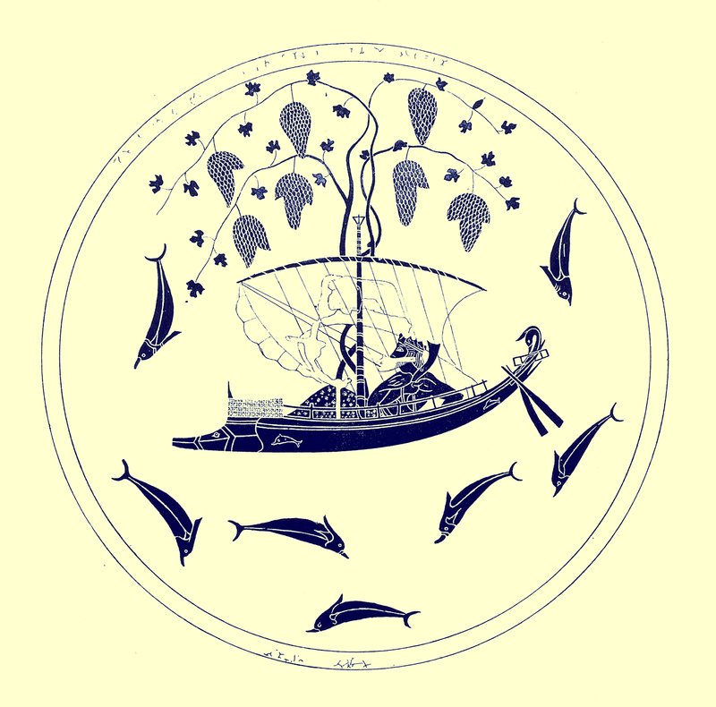Dionysus at Sea, illustration from Greek Vase Paintings by J. E. Harrison and D. S. MacColl, published 1894 by after English School