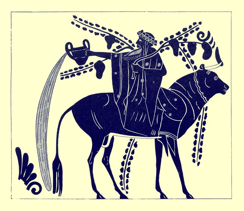 Dionysus Riding a Bull, illustration from Greek Vase Paintings by J. E. Harrison and D. S. MacColl, published 1894 by after English School