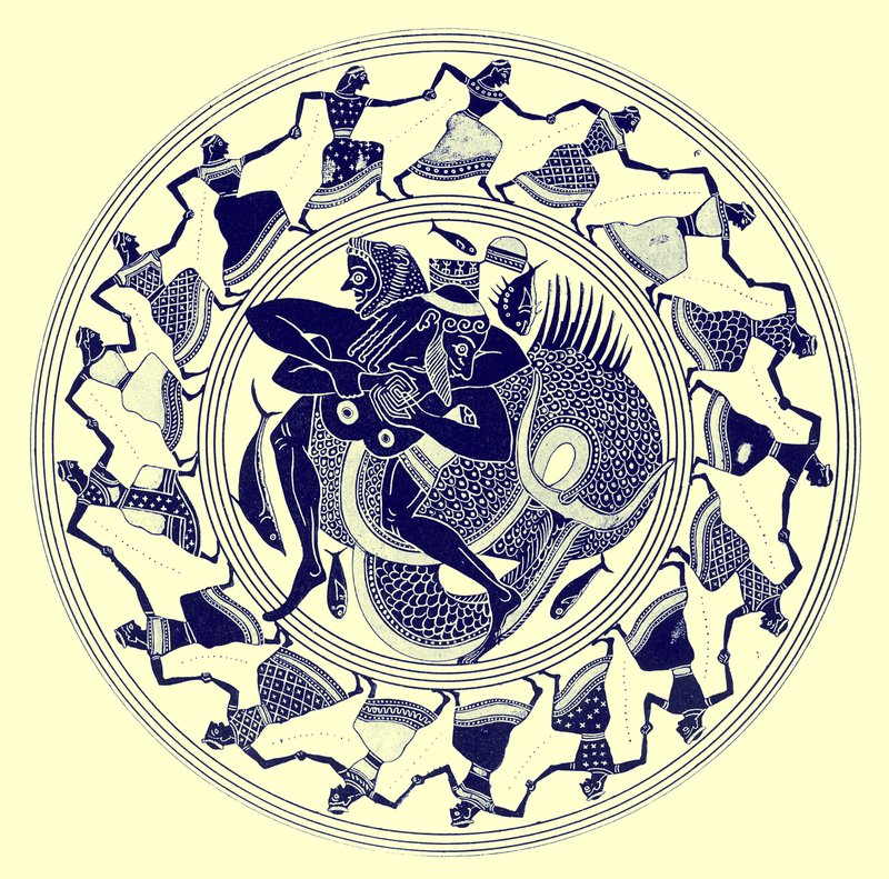 Herakles Wrestling with Triton, illustration from Greek Vase Paintings by J. E. Harrison and D. S. MacColl, published 1894 by after English School