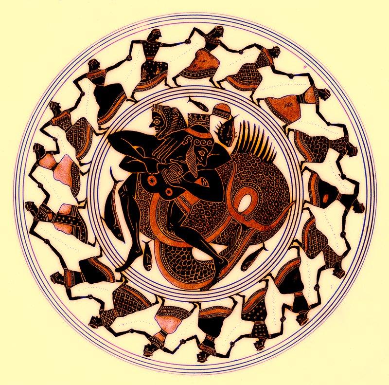 Herakles Wrestling with Triton, illustration from Greek Vase Paintings by J. E. Harrison and D. S. MacColl, published 1894 by after English School