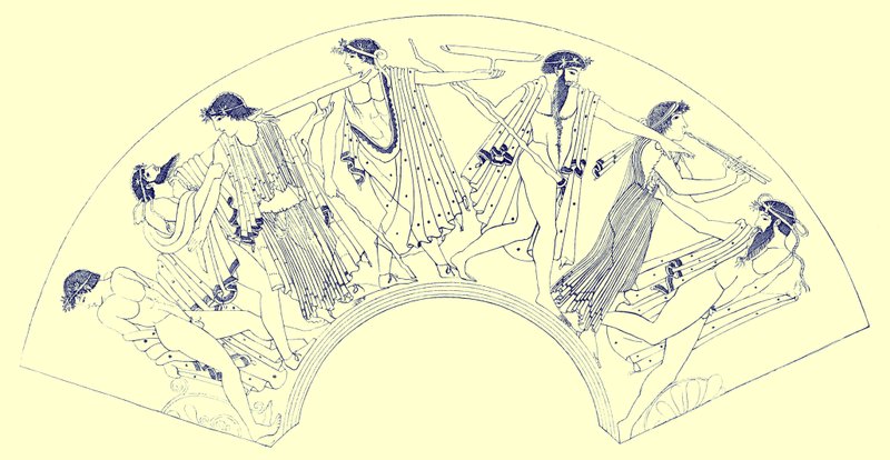 Revel by Brygos, illustration from Greek Vase Paintings by J. E. Harrison and D. S. MacColl, published 1894 by after English School