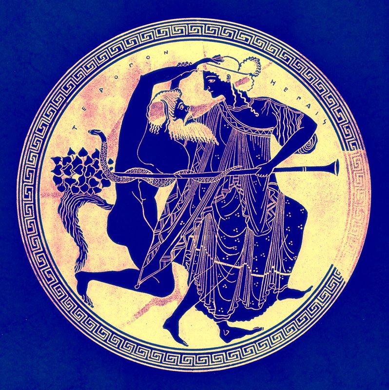 Satyr and Maenad, illustration from Greek Vase Paintings by J. E. Harrison and D. S. MacColl, published 1894 by after English School