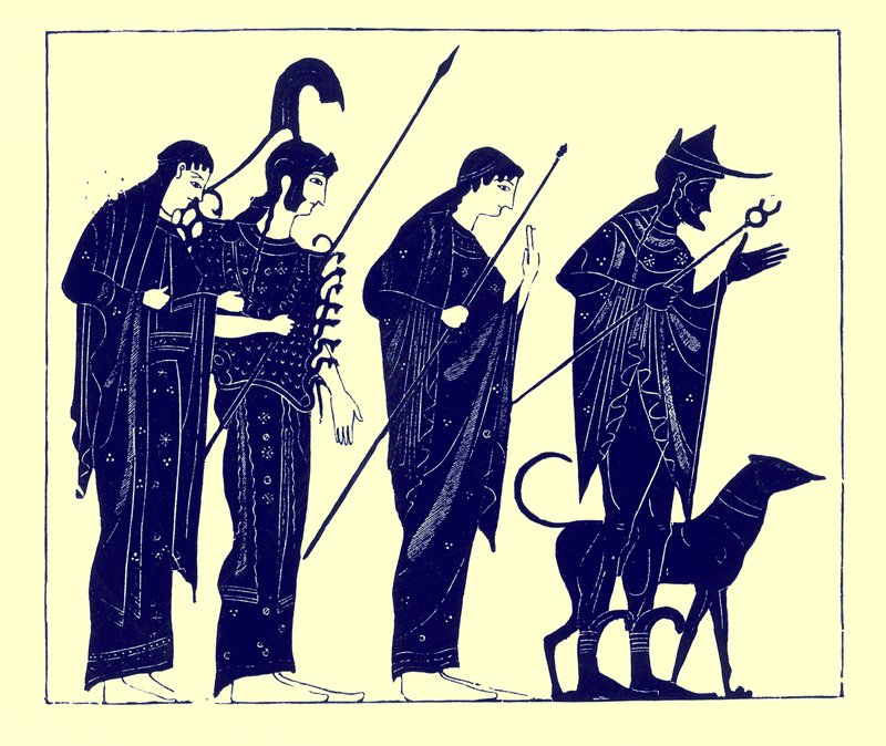 The Judgement of Paris, illustration from Greek Vase Paintings by J. E. Harrison and D. S. MacColl, published 1894 by after English School
