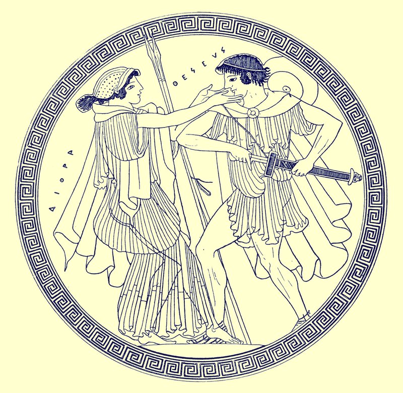 Theseus and Aethra, illustration from Greek Vase Paintings by J. E. Harrison and D. S. MacColl, published 1894 by after English School