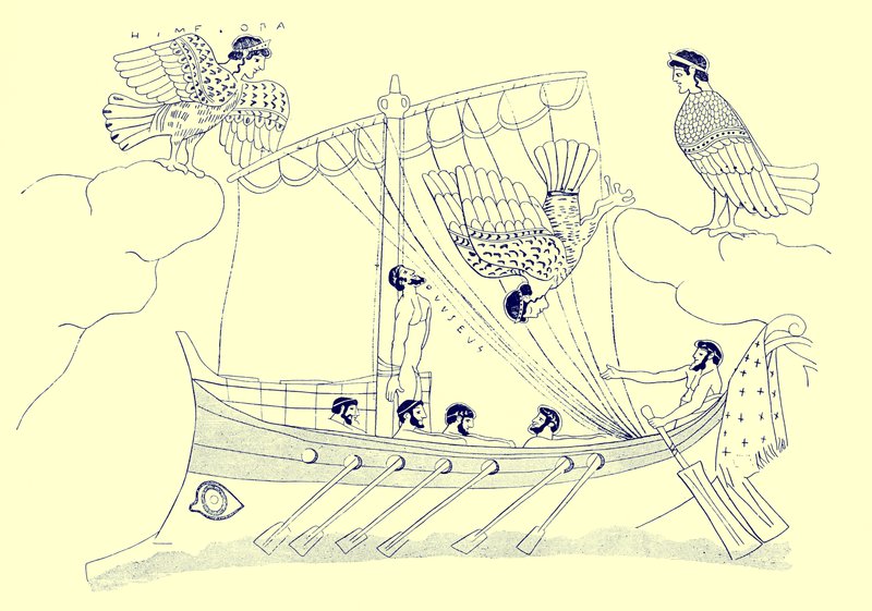 Ulysses and the Sirens, illustration from Greek Vase Paintings by J. E. Harrison and D. S. MacColl, published 1894 by after English School