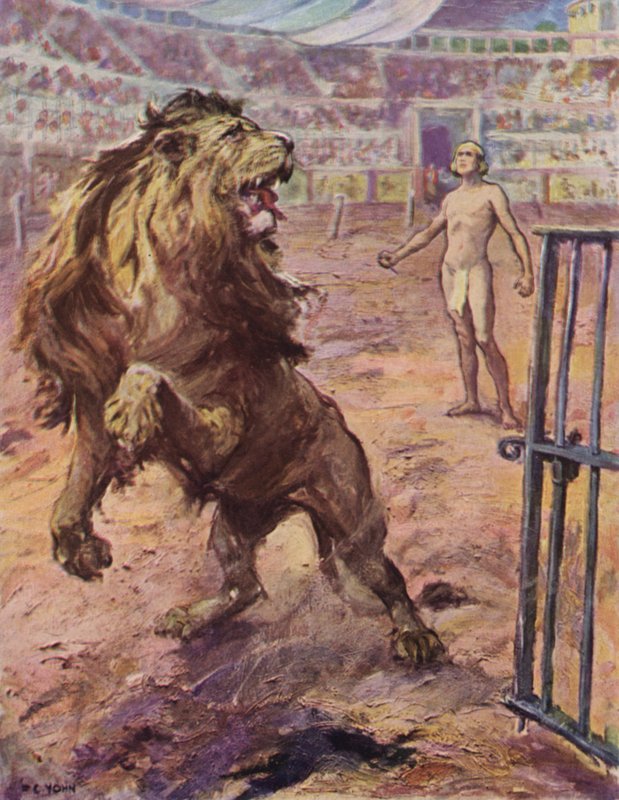 The lion halted abruptly in the arena, raised itself half on end, uttered a baffled howl by after Frederick Coffay Yohn