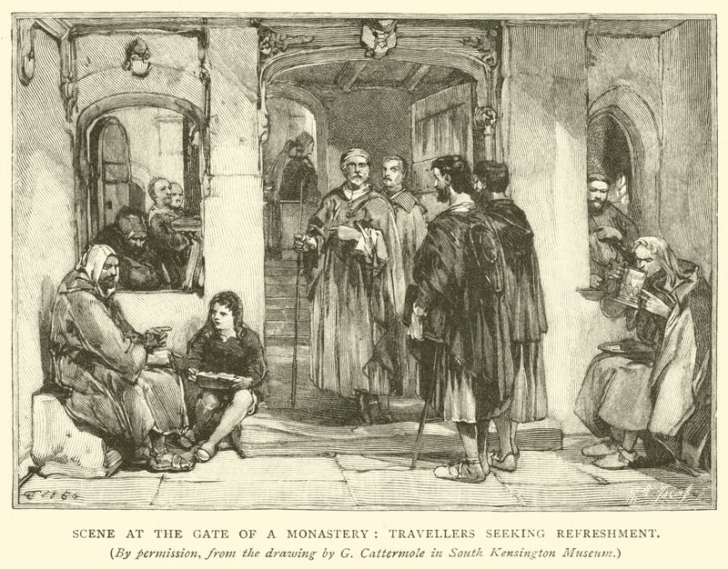 Scene at the Gate of a Monastery, Travellers Seeking Refreshment by after George Cattermole
